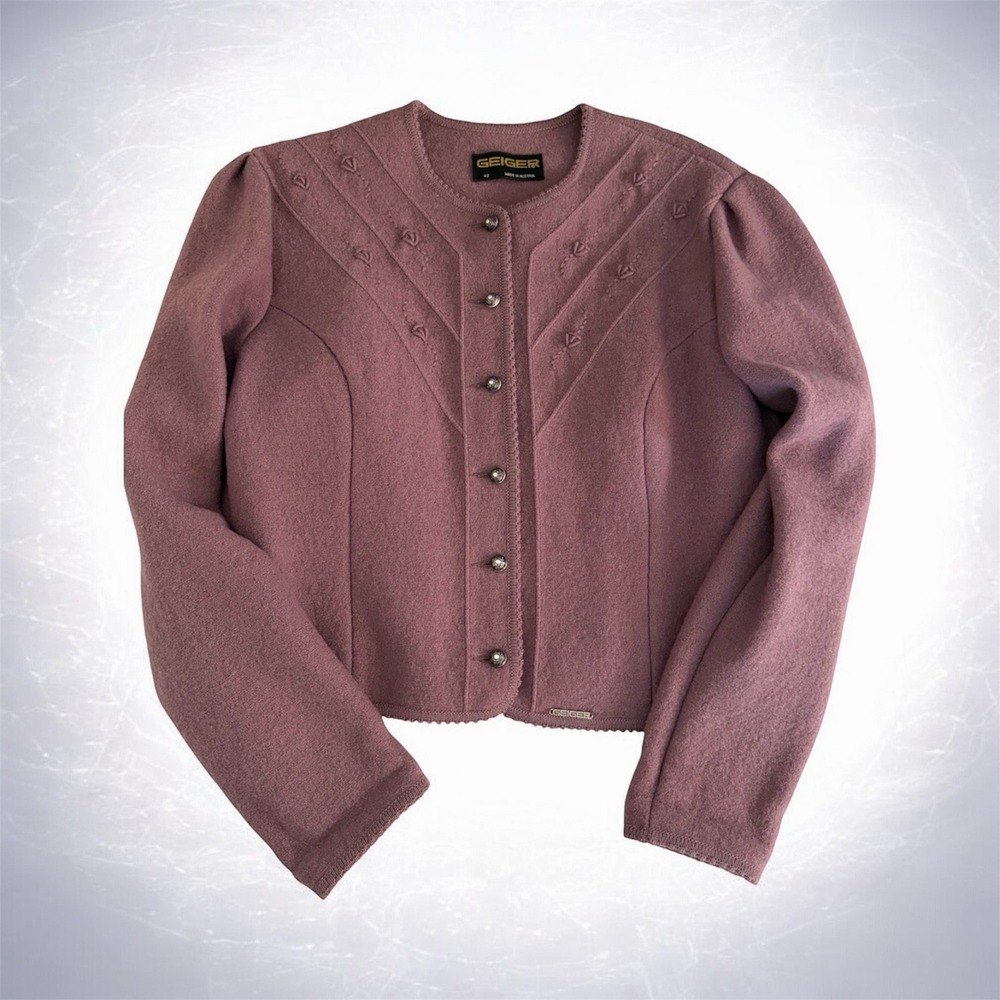 Geiger Wool Cardigan Jacket Sz 42 Purple Austria Boiled Wool Mauve Vintage 90s